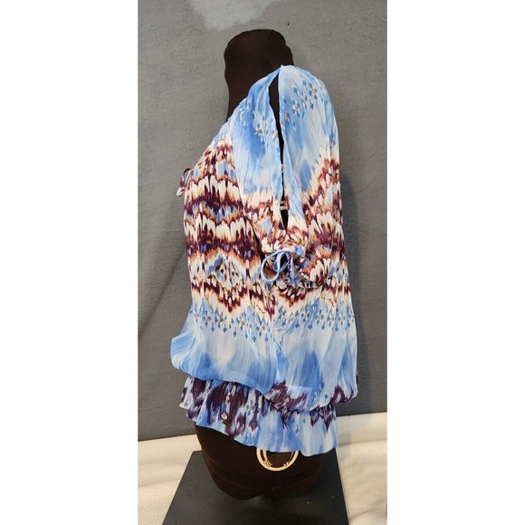 GUESS Blouse Top Size XS Ikat Aztec Colorful Cold Shoulder Short Sleeve Sheer - Picture 2 of 11